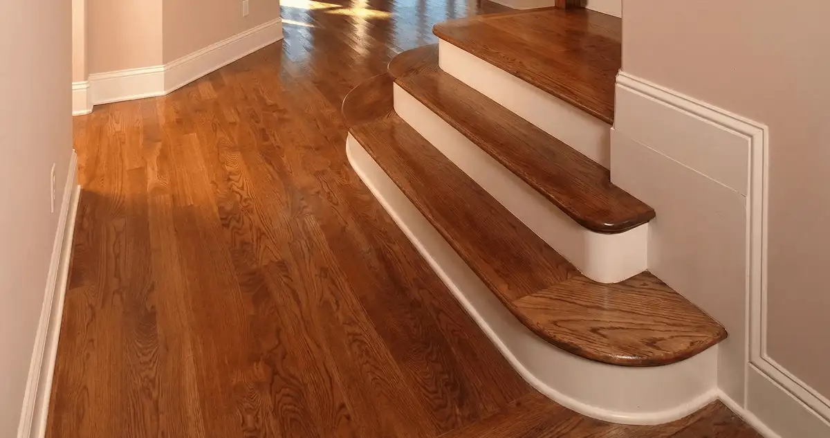 Base floor of a staircase with professionally restored wood flooring in Salt Lake City UT