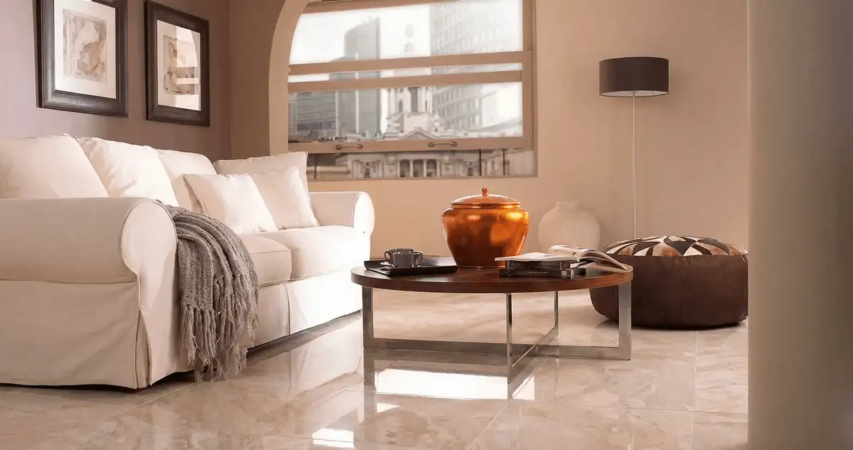 Modern living room with professionally installed marble flooring, a beige sofa, coffee table in Salt Lake City, UT