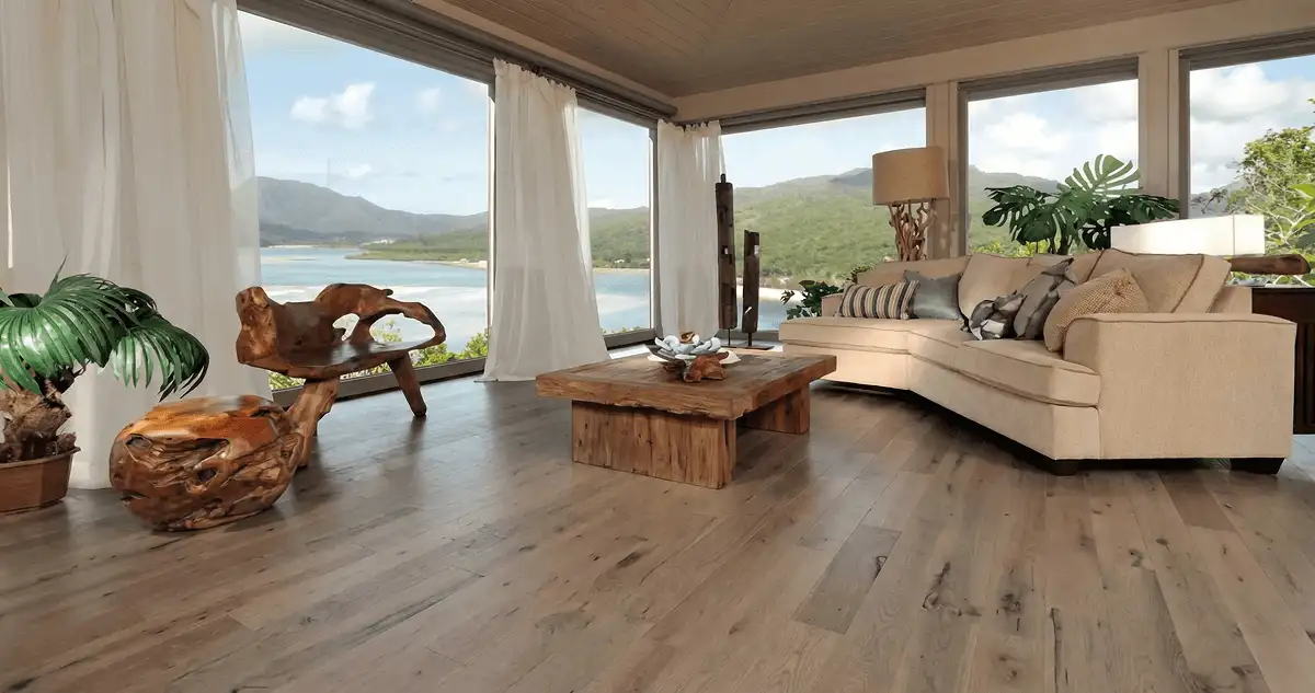 Professionally installed vinyl flooring in a modern living room with large windows in Salt Lake City, UT
